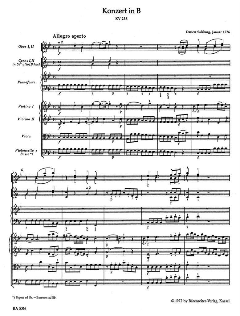 Concerto for Piano and Orchestra No. 6 in Bb major K. 238
